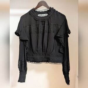 IRO Claw Guioure lace trimmed ruffle crepe black long sleeve blouse size US 8